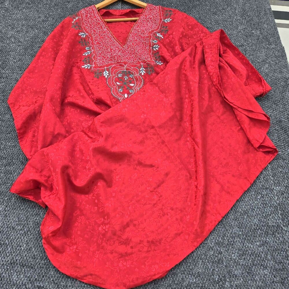 Red Floral Damask Embroidered Kaftan Gown Green Embroidery Loungewear Resort - Picture 1 of 6